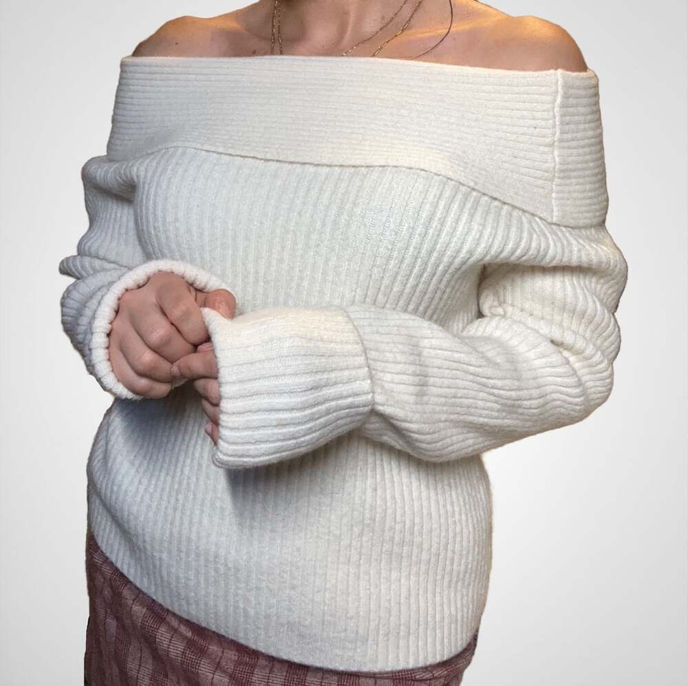 New White Off the Shoulder Ribbed Sweater